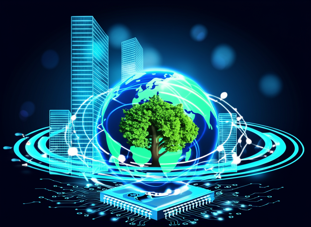 全球數位轉型與永續發展插圖,電路板上生長的樹木象徵綠色科技解決方案