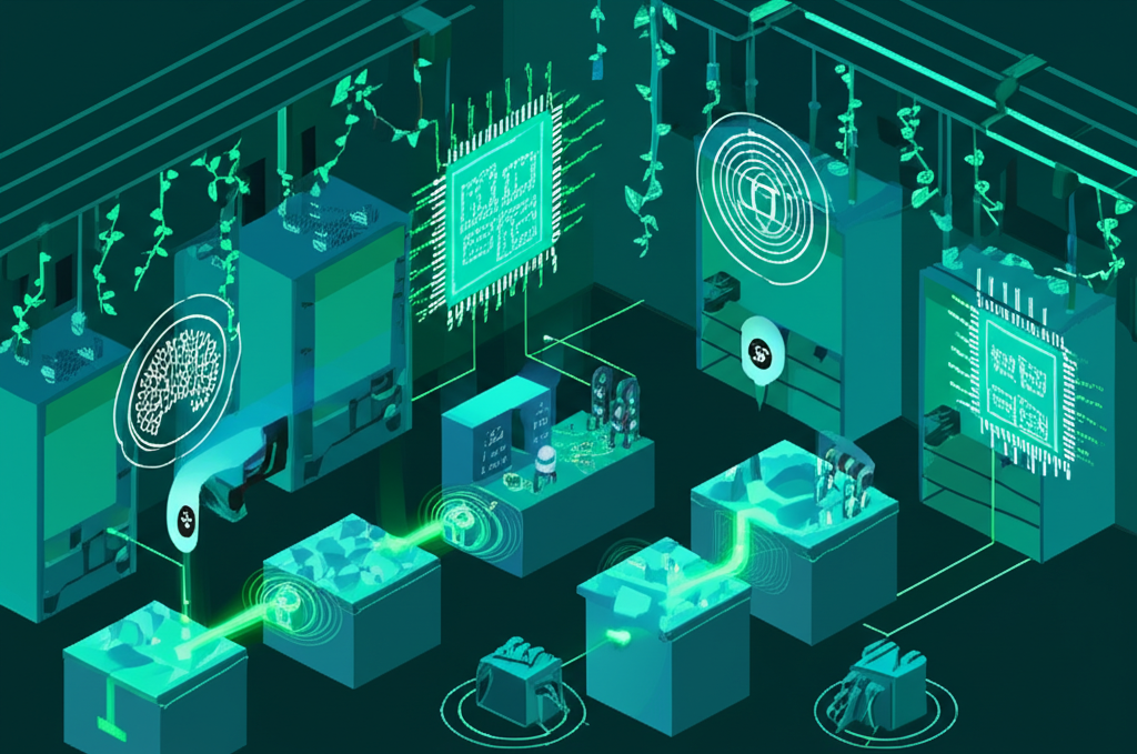 物聯網、AI 和區塊鏈優化工廠能源使用與減廢的插圖,融入綠葉元素