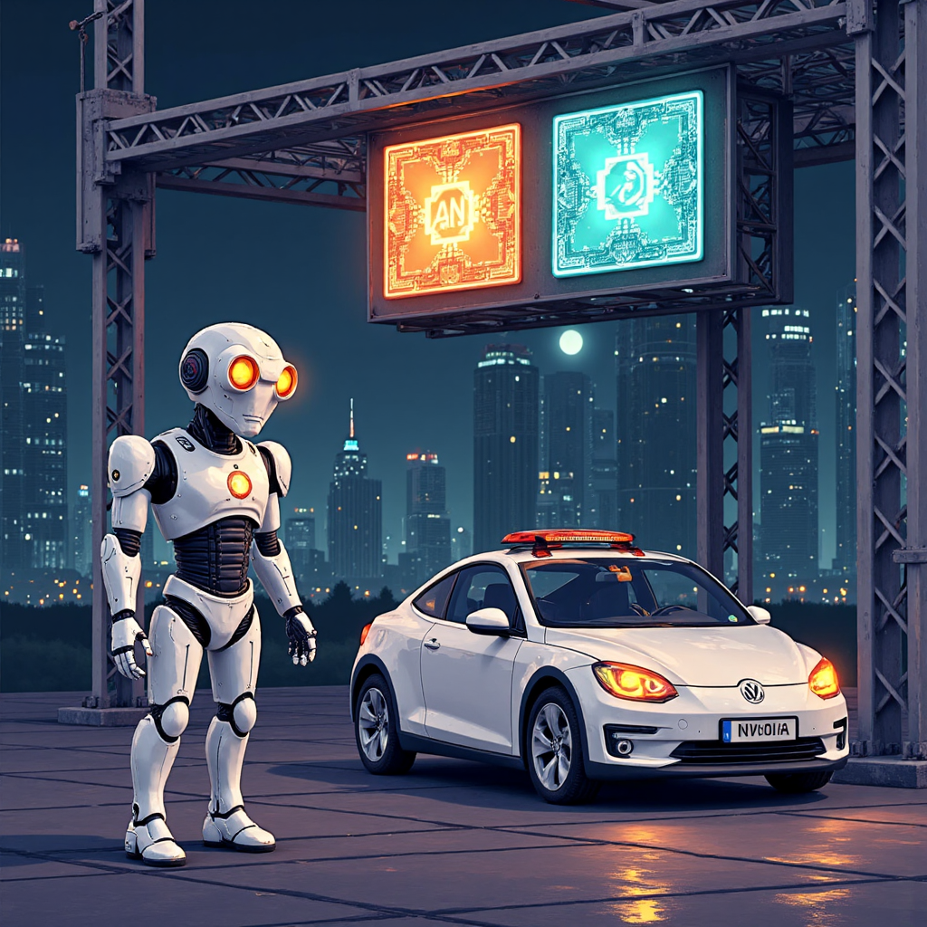 友好機器人和未來自動駕駛汽車由 NVIDIA 處理單元驅動的趣味插圖,展示 AI 應用與未來科技