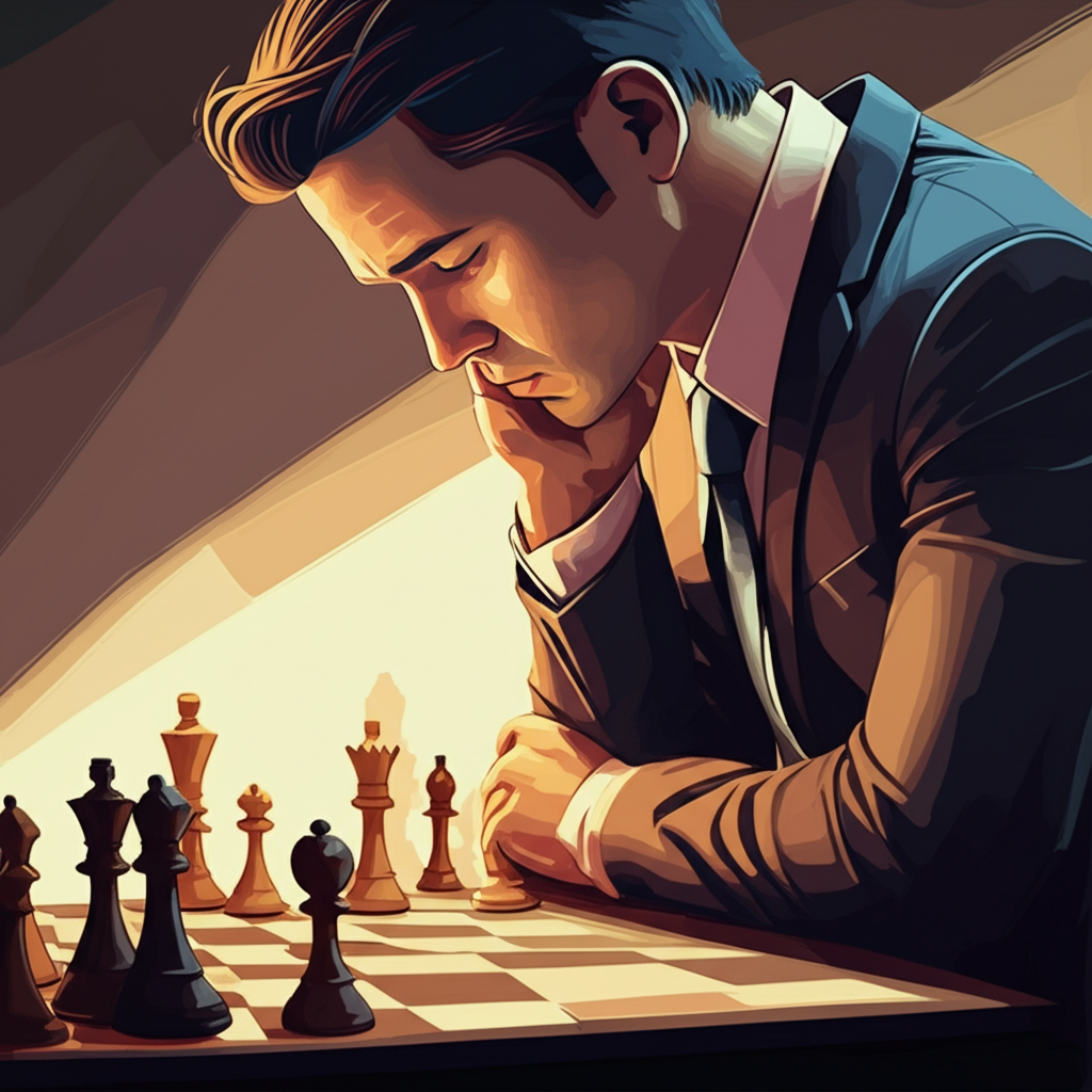 一位棋手在棋盤上仔細規劃下一步，象徵盤前分析如戰略預見，插圖風格