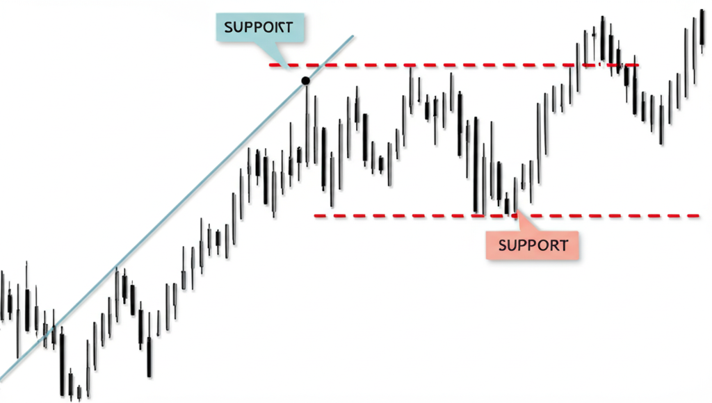 簡化市場圖表顯示清晰趨勢線連接價格點，作為市場方向視覺指南並標示支撐與阻力水平