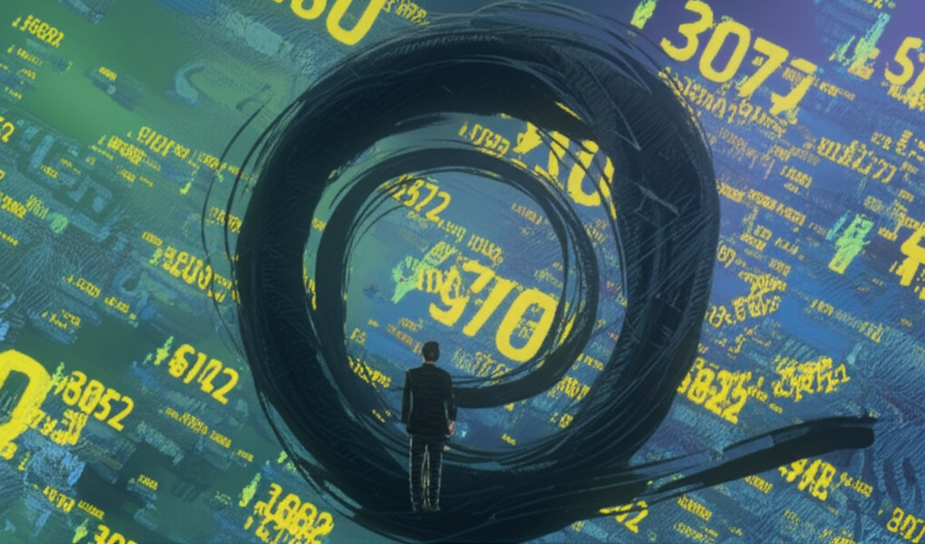 一位人士在混亂旋轉的股市中從容站立，周圍數據流動，象徵降低風險與清晰決策，插圖風格