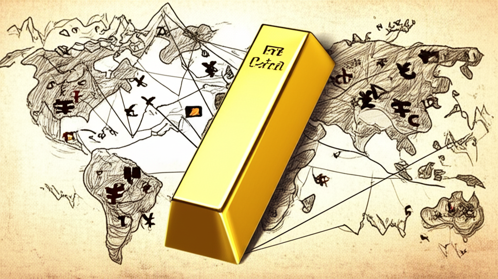 黃金價格上漲圖示,展示全球地圖上的經濟圖表與地緣政治符號,象徵複雜因素引發的全球關注