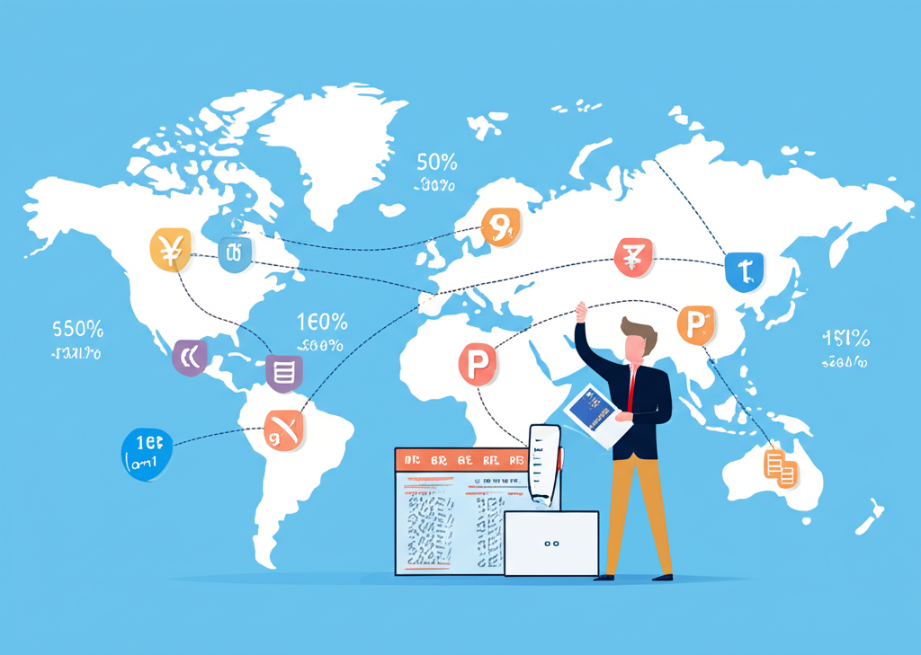 世界地圖上貨幣符號如日圓與美元交換,人物分析圖表,代表外幣交易情境