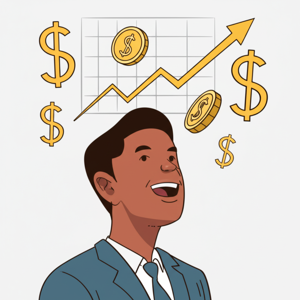 一位快樂的企業主看著上升的毛利率圖表，周圍浮動著金錢符號，象徵健康業務的插圖