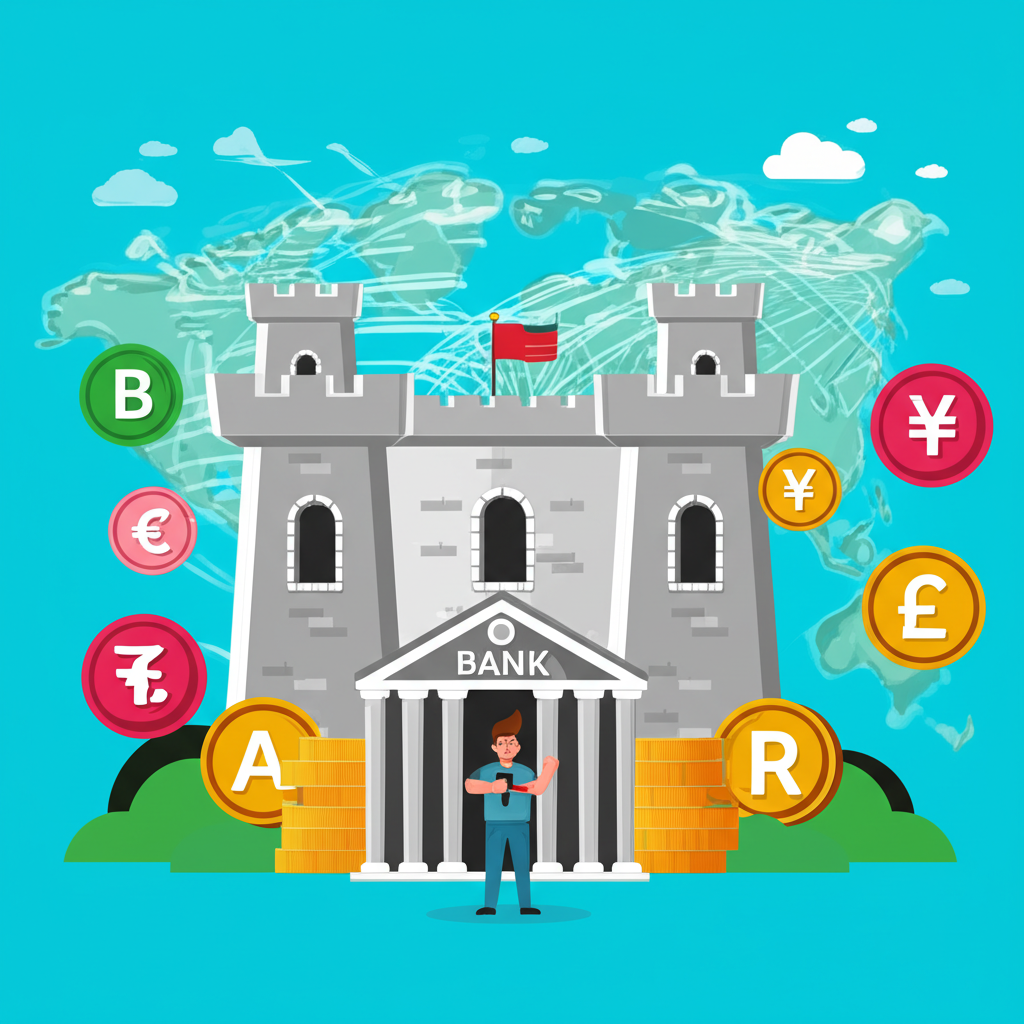 一幅描繪堅固堡壘守護國家經濟免受全球風暴侵襲的插圖,背景有貨幣、中央銀行管理匯率及全球地圖