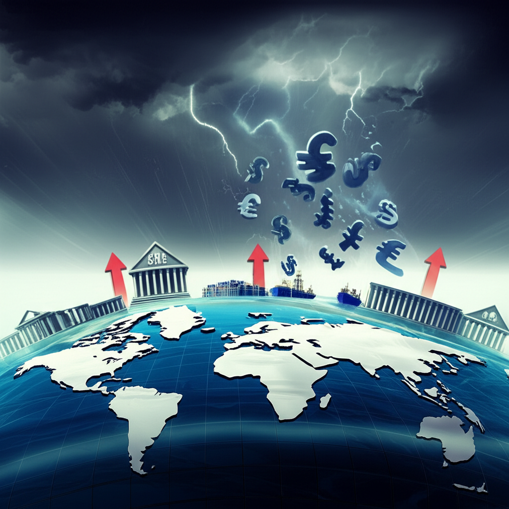 全球經濟挑戰圖像,世界地圖上空有風暴雲,貨幣符號被吹散,央行升息與供應鏈中斷影響企業運作