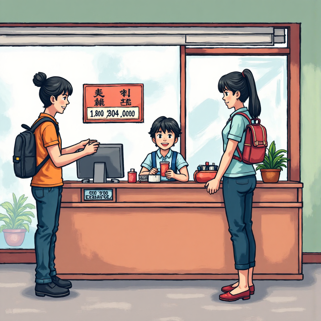 台灣遊客在現代銀行櫃檯兌換人民幣為新台幣的生動插圖