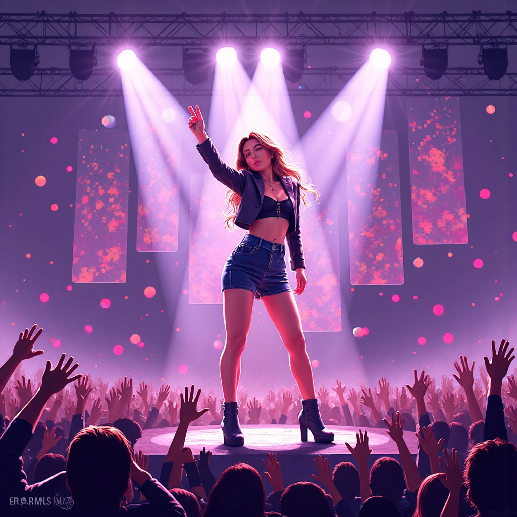 像素藝術風格的K-pop偶像Yuna在舞台上活力表演,周圍有明亮燈光與熱情粉絲,展現ITZY成員的舞台魅力