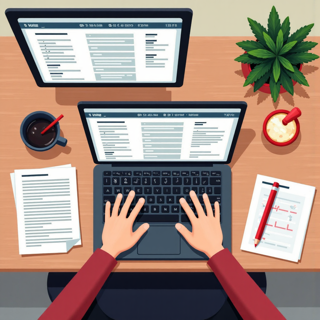 投資人手邊的筆電與財務文件，桌上擺放小盆栽營造溫馨氛圍