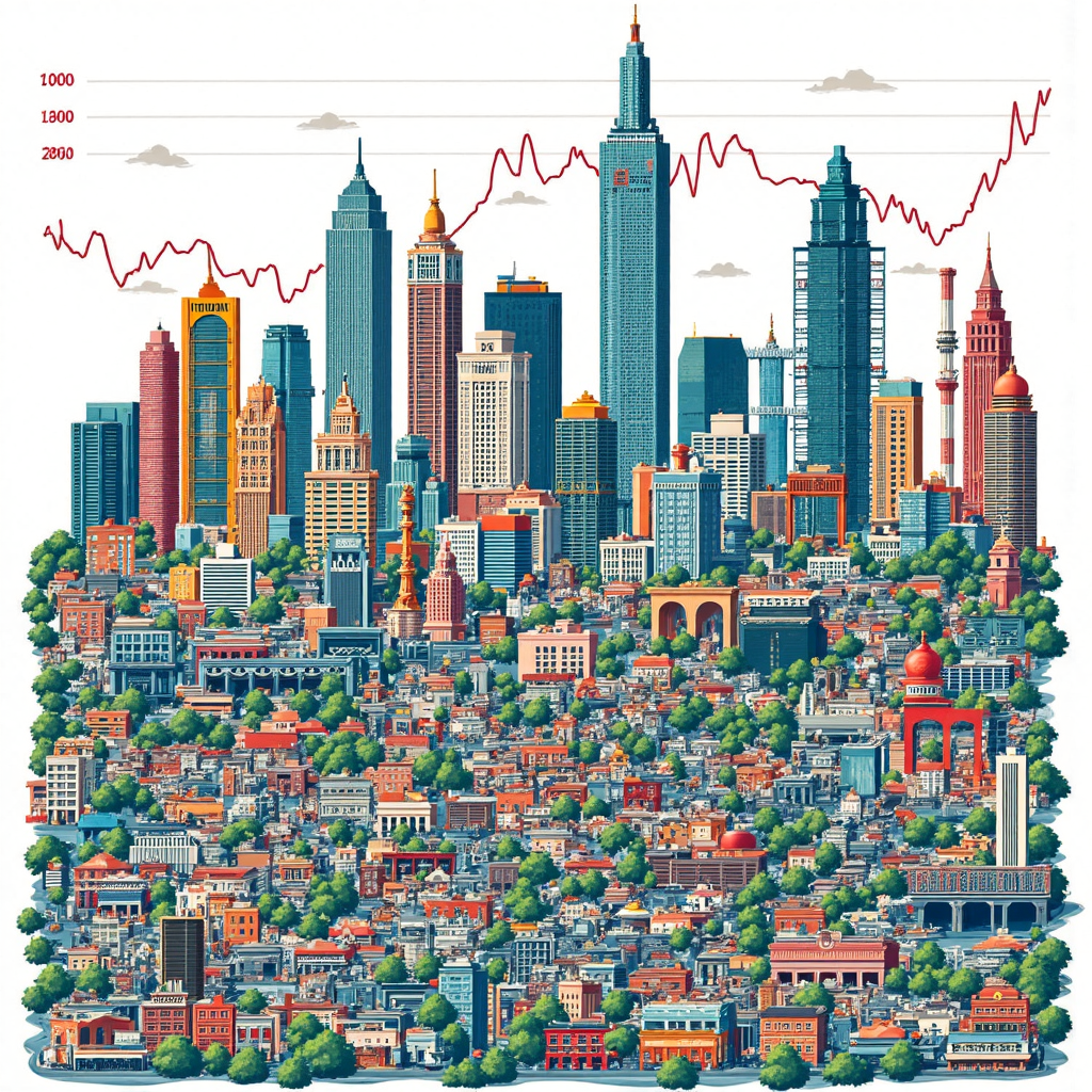 台灣加權指數與台灣產業的像素藝術插圖，顯示半導體與金融區的連結與走勢圖