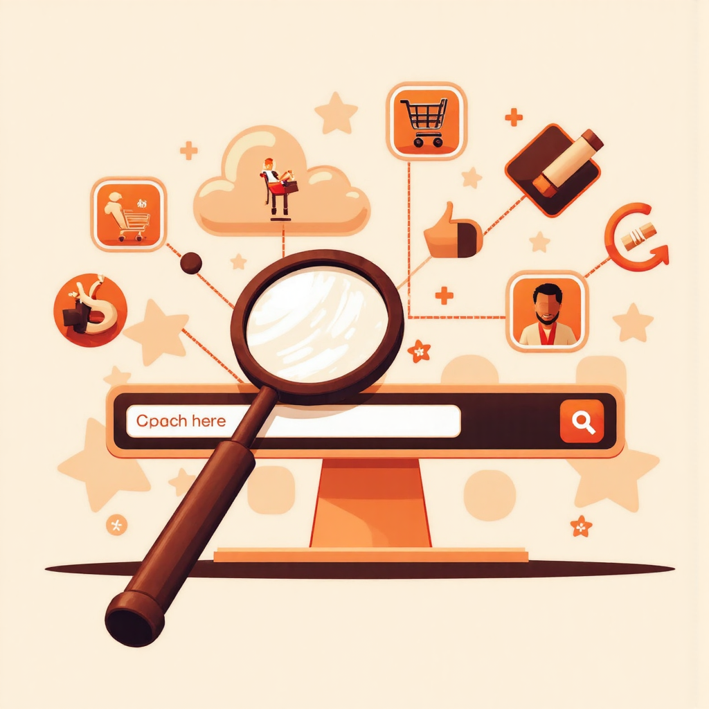 像素藝術風格的搜尋意圖插圖,放大鏡懸浮在數位搜尋列上方,周圍浮現購物車、資訊圖標和導航箭頭等使用者目標元素,以溫暖色調呈現現代遊戲感