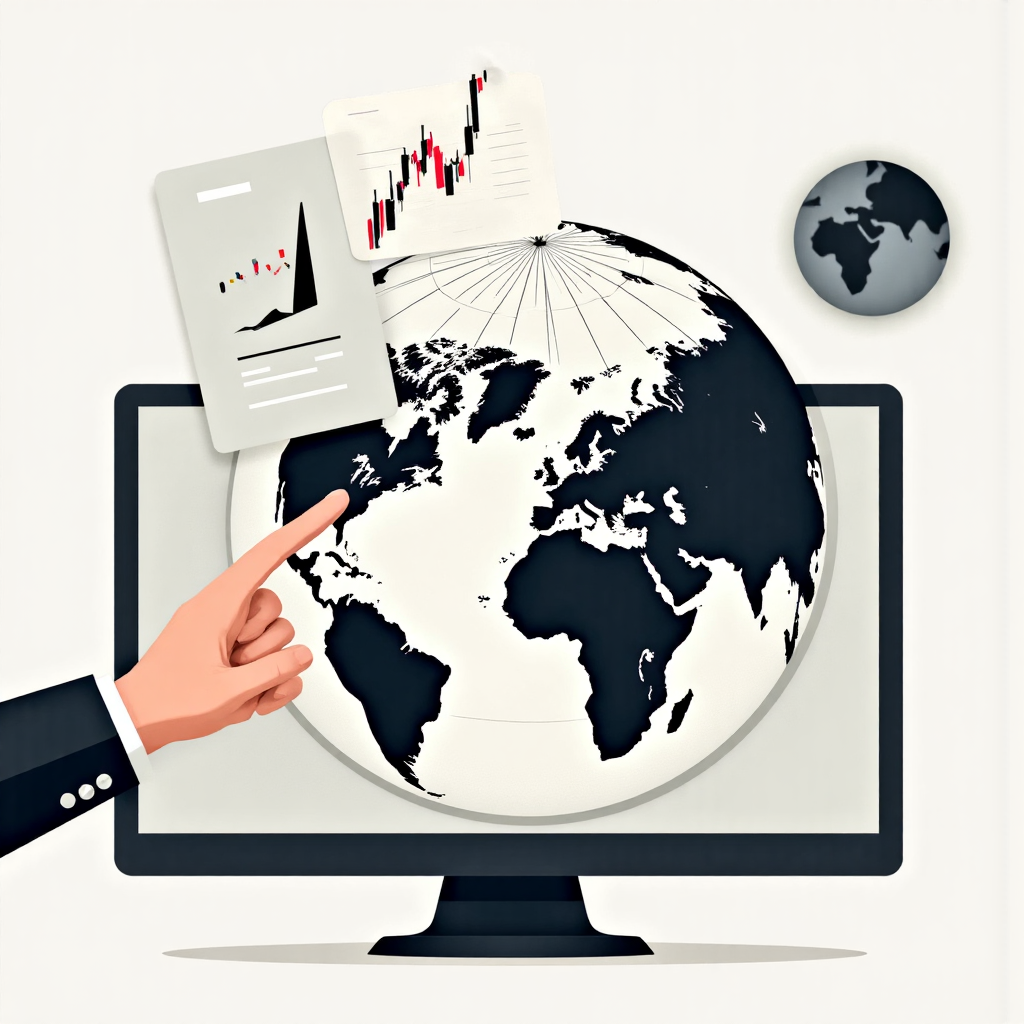 台灣投資機會的全球股票市場抽象圖像,展示地球與股票圖表結合的像素藝術風格