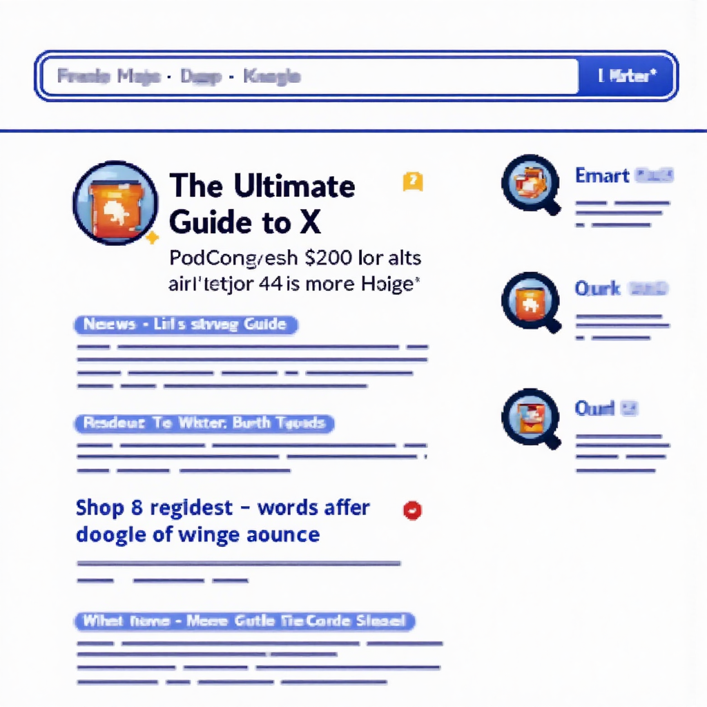 像素藝術搜尋結果頁面插圖,突出 'The Ultimate Guide to X' 文章,周圍放大鏡和光芒效果,象徵使用者滿意與長青相關性