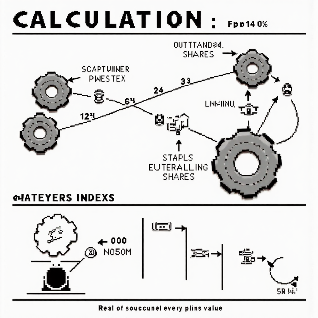 股市指數計算的資訊圖示，像素藝術風格顯示股價與發行股數的連結