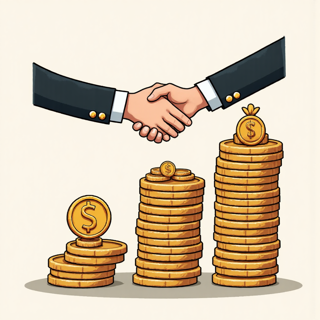 握手與成長錢幣堆疊及安全網的像素藝術插圖，象徵新手交易者的成長與風險管理平衡