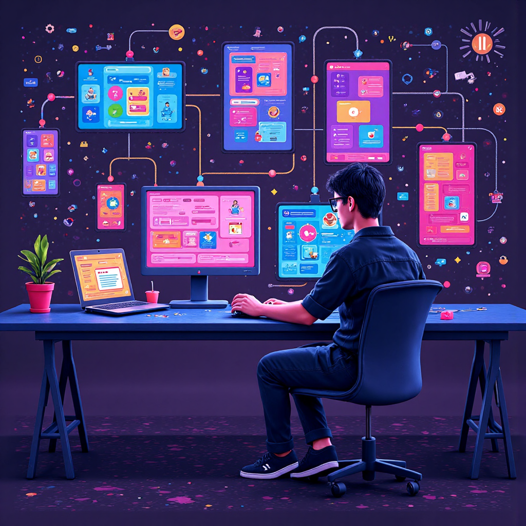 開發者操作 API 端點連接數位平台像素藝術插圖，融入活力顏色與科技元素的現代遊戲風格