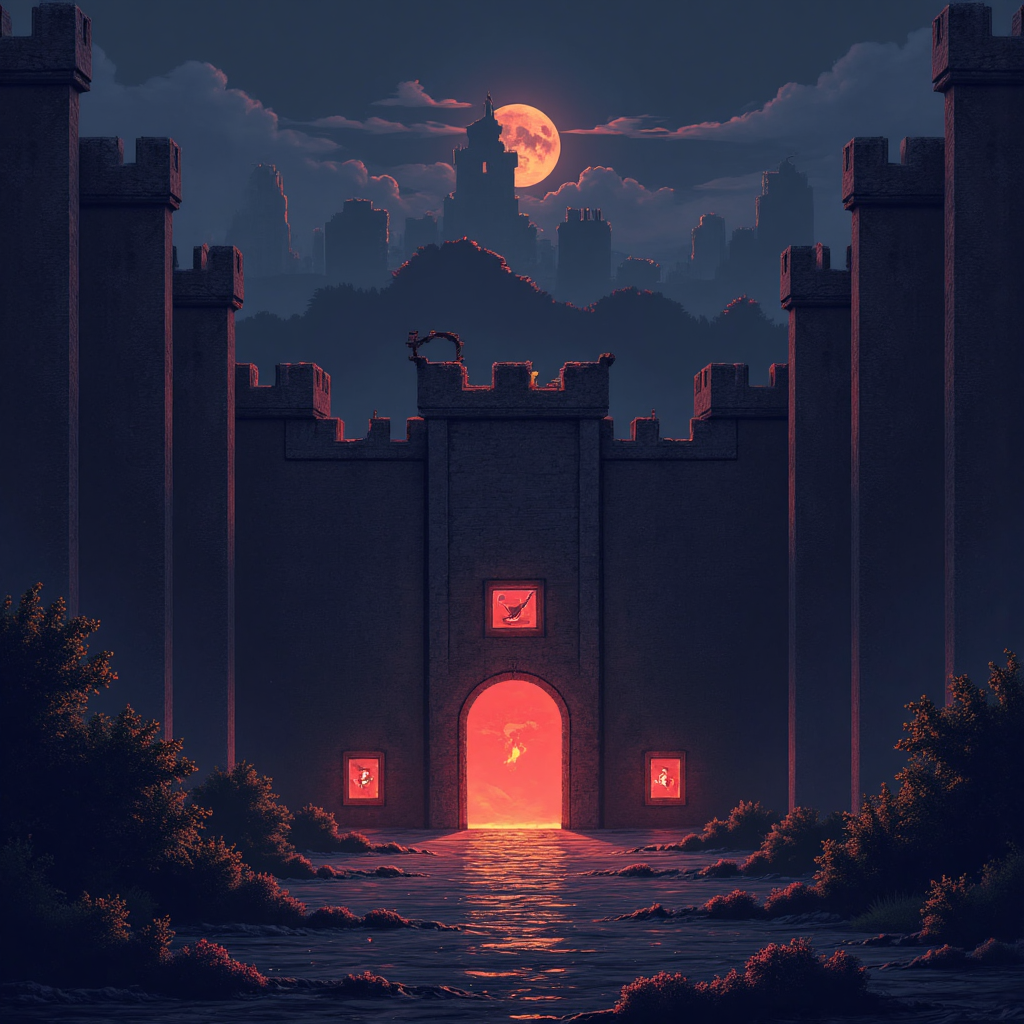 堡壘外牆崩塌與內部檢查點的像素藝術視覺隱喻,強調驗證圖標的戲劇性光影效果