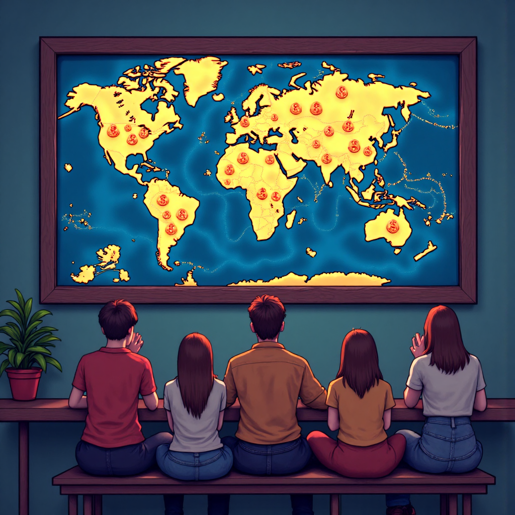 新手外匯交易者觀看世界地圖與貨幣符號的像素藝術插圖，描繪一群初學者跟隨指引探索全球市場