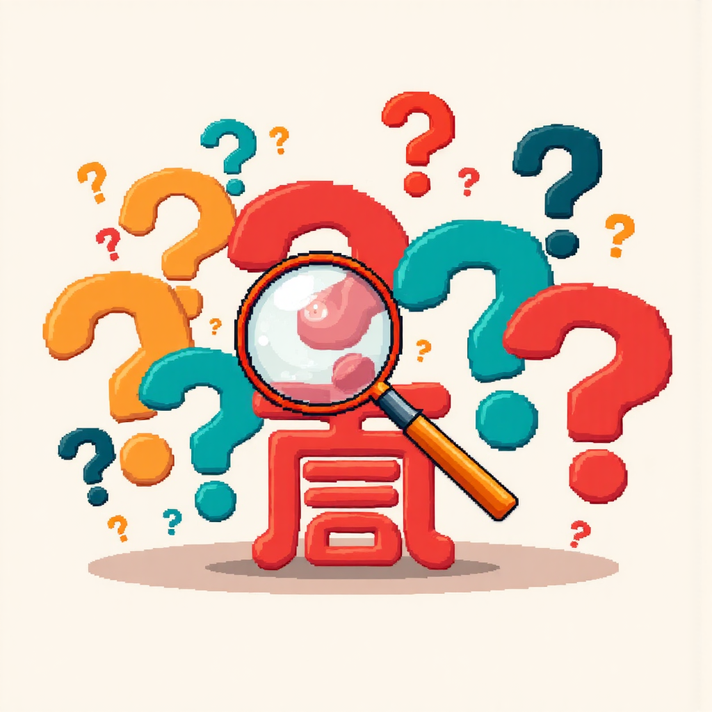 像素藝術風格的各種大小顏色問號與放大鏡下的中文'什麼'字,展現活潑好奇的氛圍