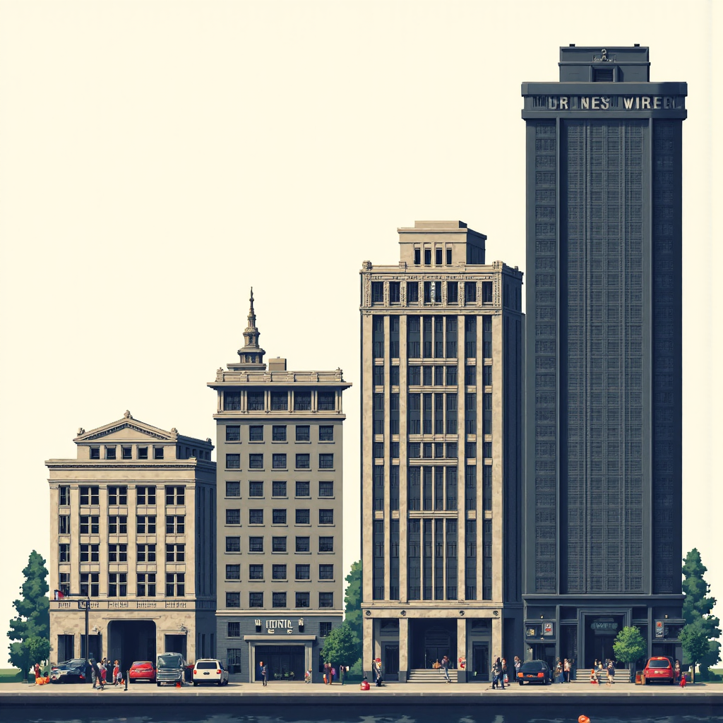 金融交易所演進像素藝術插圖,從經典芝加哥建築到現代全球網絡樞紐