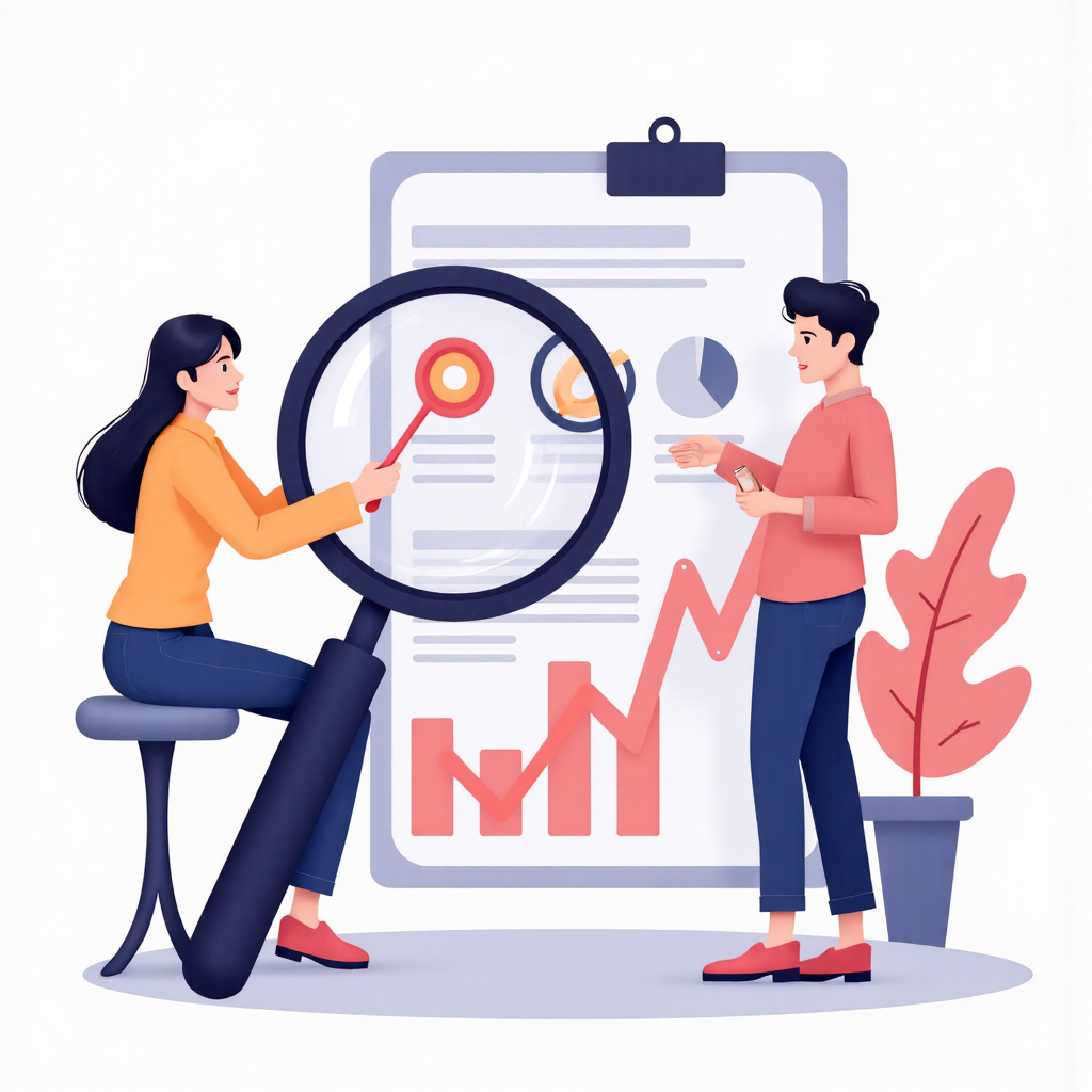 放大鏡檢視公司財務報告的像素藝術插圖,呈現機會與風險的柔和色調