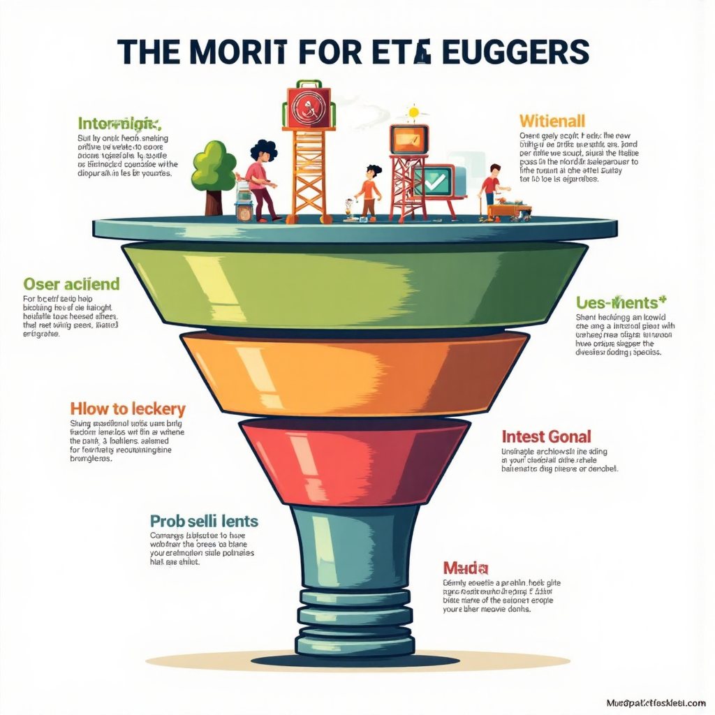 像素藝術風格的使用者意圖漏斗圖,展示資訊型、商業調查型和交易型階段,各階段以圖標和明亮顏色呈現現代扁平設計