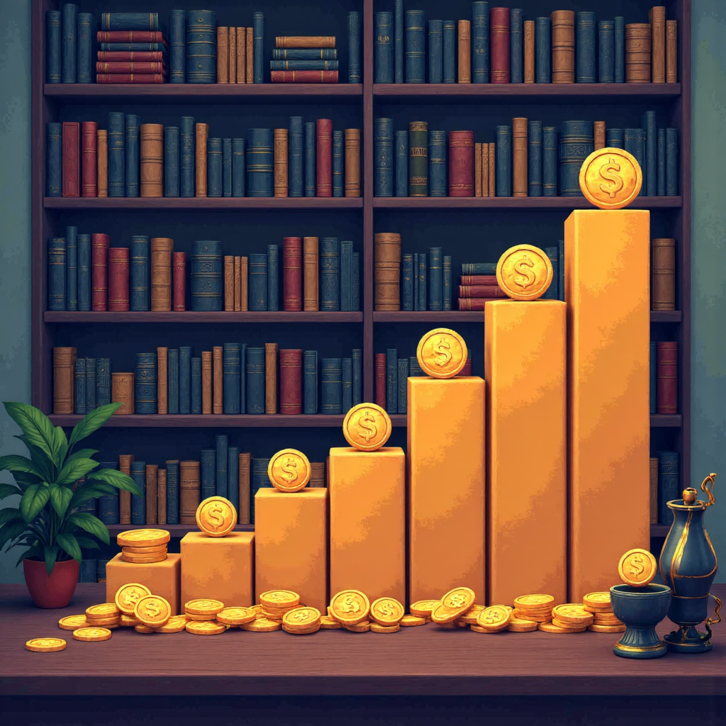 像素藝術成長圖表穩步上升,添加金幣象徵長青內容的高 ROI,背景為知識滿載的書架,呈現持久價值的視覺化