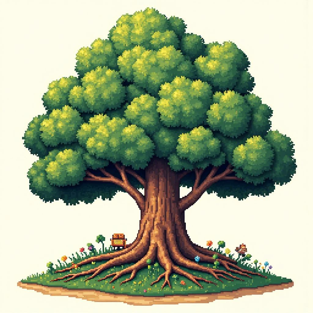 像素藝術風格的智慧老樹插圖,根深蒂固的樹木葉子化作資訊流,吸引各種網站訪客圖標,象徵長青內容的持久吸引力