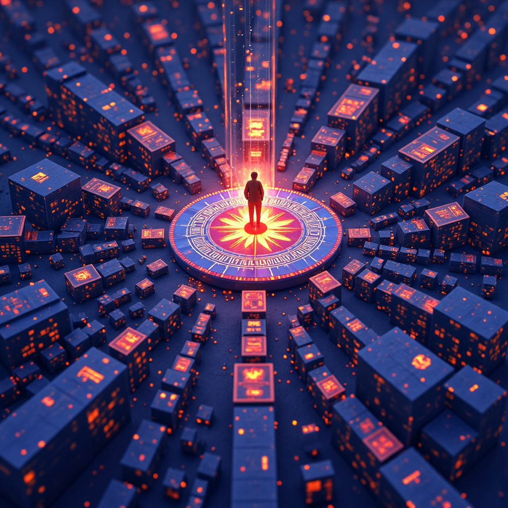 指向小型公司標誌的指南針與財務數據流動的像素藝術插圖