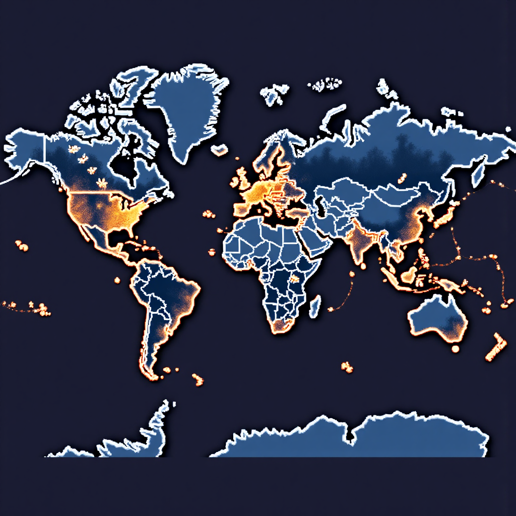 世界地圖上發光連線指向紐西蘭與澳洲,描繪全球金融與貨幣交換的魅力圖像