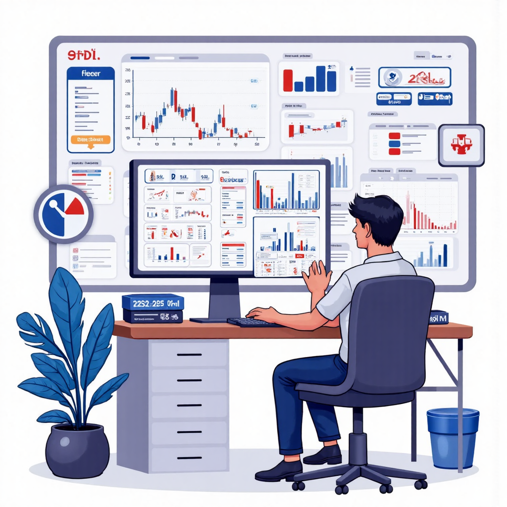 交易平台介面的像素藝術插圖，顯示各種金融圖表與指標，描繪使用者專注分析市場數據